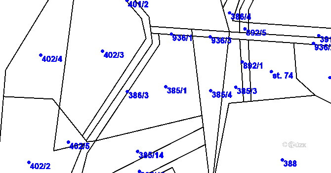 Parcela st. 385/1 v KÚ Košťany, Katastrální mapa