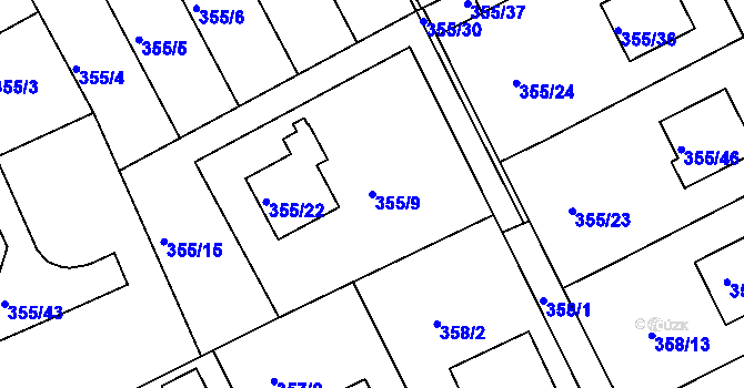 Parcela st. 355/9 v KÚ Koterov, Katastrální mapa