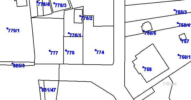 Parcela st. 774 v KÚ Koterov, Katastrální mapa