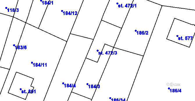Parcela st. 472/3 v KÚ Kounice, Katastrální mapa