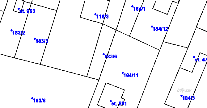 Parcela st. 183/6 v KÚ Kounice, Katastrální mapa
