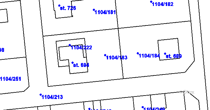 Parcela st. 1104/183 v KÚ Kounice, Katastrální mapa