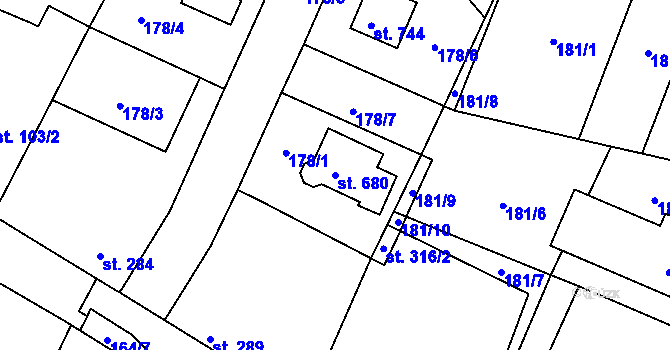 Parcela st. 680 v KÚ Kounice, Katastrální mapa