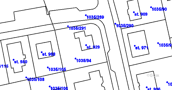 Parcela st. 929 v KÚ Kounice, Katastrální mapa