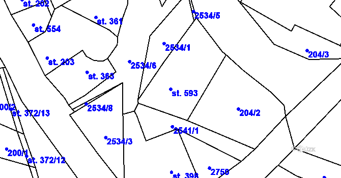 Parcela st. 593 v KÚ Kouřim, Katastrální mapa