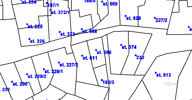 Parcela st. 596 v KÚ Kouřim, Katastrální mapa