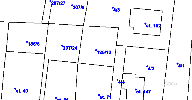Parcela st. 185/10 v KÚ Kouty u Poděbrad, Katastrální mapa