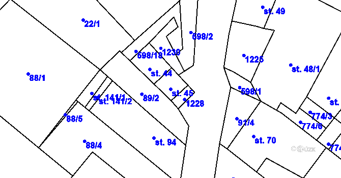 Parcela st. 45 v KÚ Koválovice u Tištína, Katastrální mapa