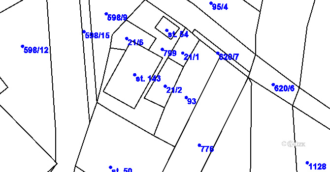 Parcela st. 21/2 v KÚ Koválovice u Tištína, Katastrální mapa