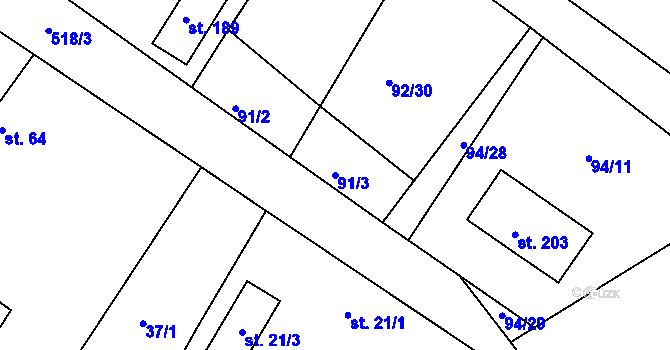 Parcela st. 91/3 v KÚ Chvalovice u Nymburka, Katastrální mapa
