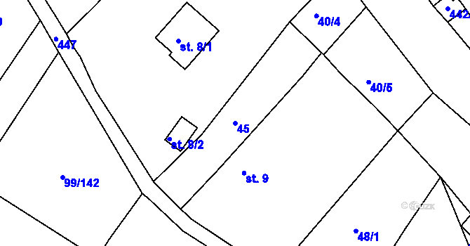 Parcela st. 45 v KÚ Kovářov u Bouzova, Katastrální mapa