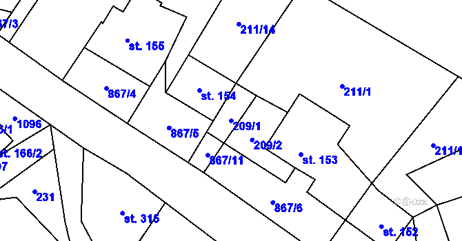 Parcela st. 209/1 v KÚ Kovářská, Katastrální mapa