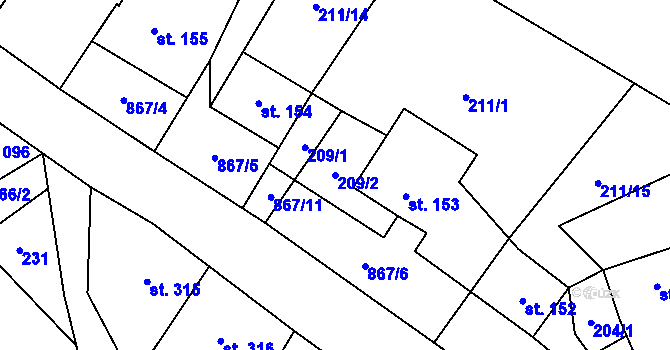 Parcela st. 209/2 v KÚ Kovářská, Katastrální mapa