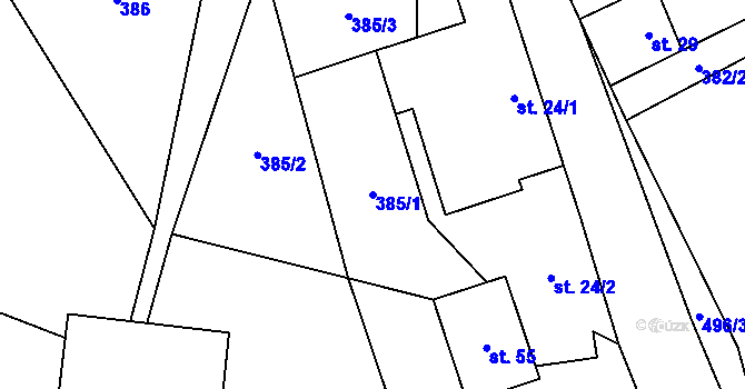 Parcela st. 385/1 v KÚ Kozárov, Katastrální mapa