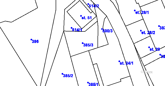 Parcela st. 385/3 v KÚ Kozárov, Katastrální mapa