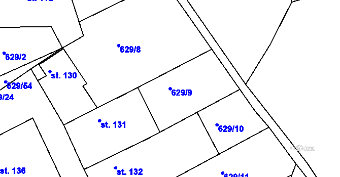 Parcela st. 629/9 v KÚ Kozárovice, Katastrální mapa
