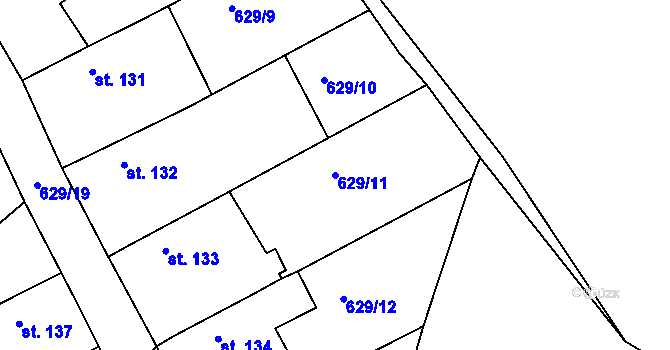 Parcela st. 629/11 v KÚ Kozárovice, Katastrální mapa