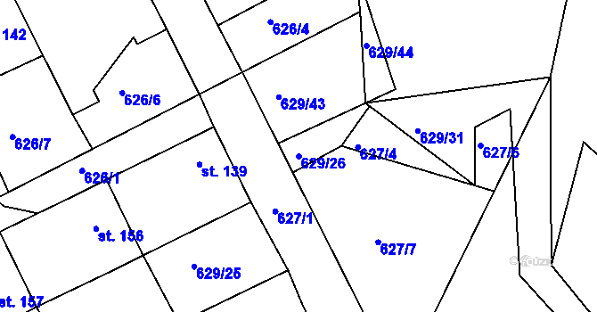 Parcela st. 629/26 v KÚ Kozárovice, Katastrální mapa
