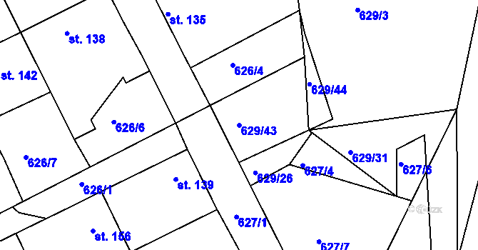 Parcela st. 629/43 v KÚ Kozárovice, Katastrální mapa
