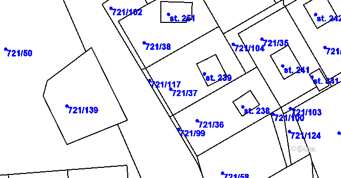 Parcela st. 721/37 v KÚ Kozárovice, Katastrální mapa