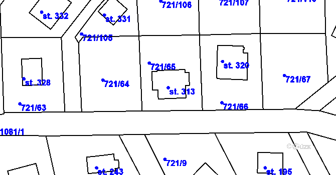 Parcela st. 313 v KÚ Kozárovice, Katastrální mapa
