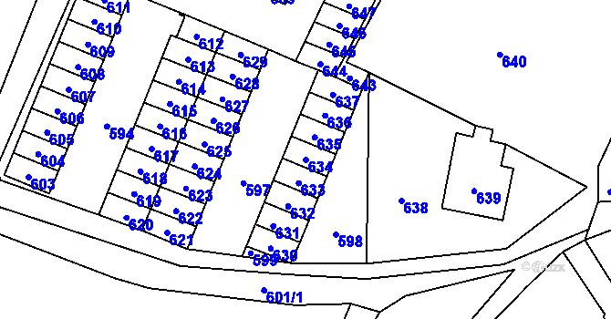 Parcela st. 634 v KÚ Lazec, Katastrální mapa
