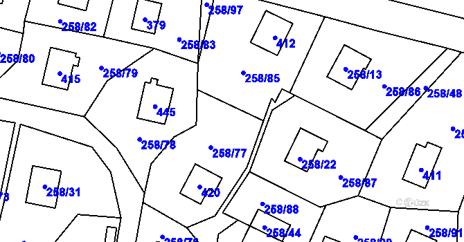Parcela st. 258/21 v KÚ Kozlany, Katastrální mapa