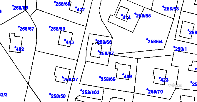 Parcela st. 258/27 v KÚ Kozlany, Katastrální mapa