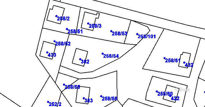 Parcela st. 258/54 v KÚ Kozlany, Katastrální mapa