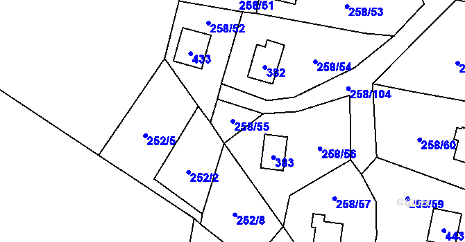 Parcela st. 258/55 v KÚ Kozlany, Katastrální mapa