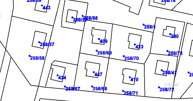 Parcela st. 258/69 v KÚ Kozlany, Katastrální mapa