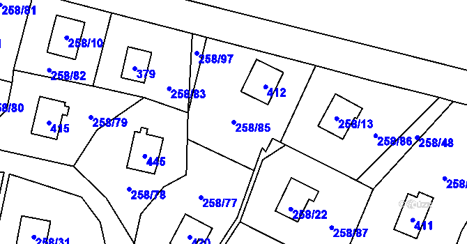 Parcela st. 258/85 v KÚ Kozlany, Katastrální mapa