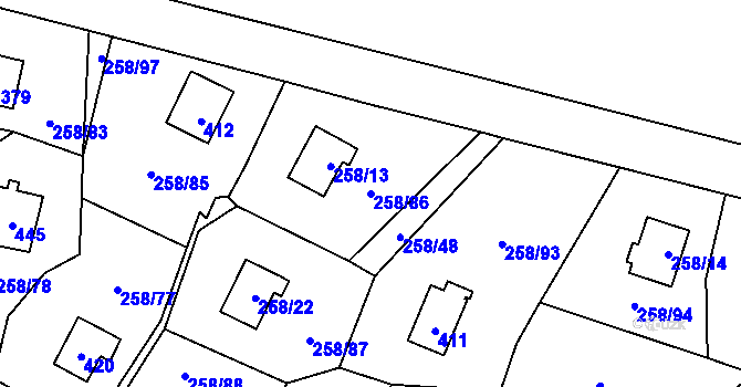 Parcela st. 258/86 v KÚ Kozlany, Katastrální mapa