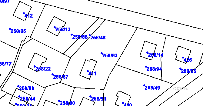Parcela st. 258/93 v KÚ Kozlany, Katastrální mapa