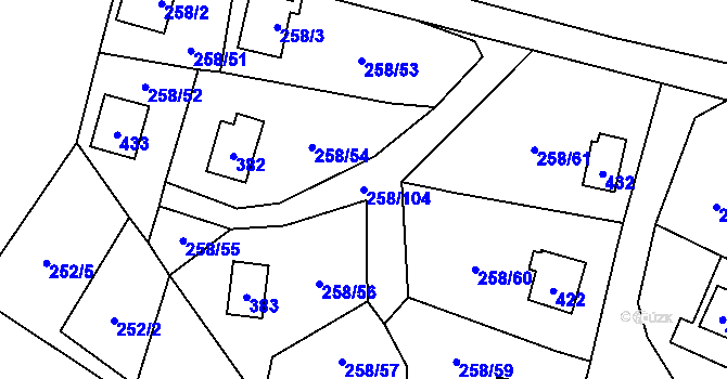 Parcela st. 258/104 v KÚ Kozlany, Katastrální mapa