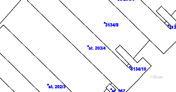 Parcela st. 203/4 v KÚ Kozlany u Vyškova, Katastrální mapa