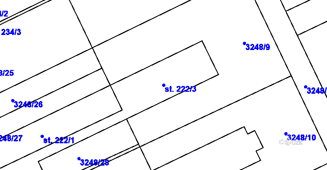 Parcela st. 222/3 v KÚ Kozlany u Vyškova, Katastrální mapa