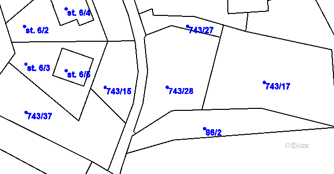 Parcela st. 743/28 v KÚ Pávice, Katastrální mapa