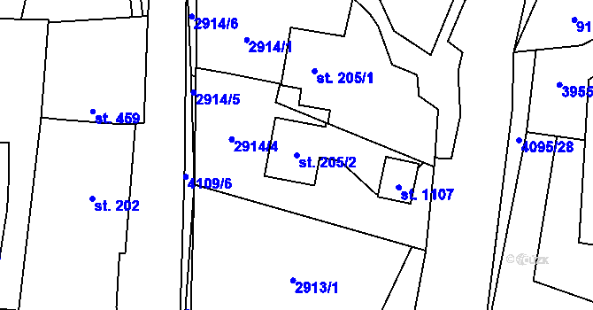 Parcela st. 205/2 v KÚ Kozlovice, Katastrální mapa
