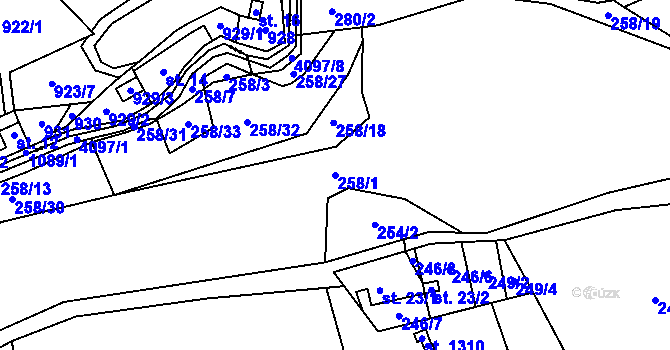 Parcela st. 258/1 v KÚ Kozlovice, Katastrální mapa