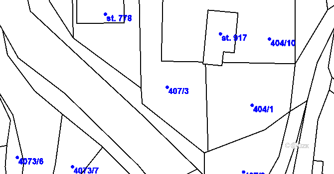 Parcela st. 407/3 v KÚ Kozlovice, Katastrální mapa