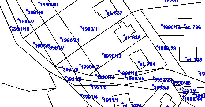 Parcela st. 1990/12 v KÚ Kozlovice, Katastrální mapa
