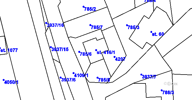 Parcela st. 416/1 v KÚ Kozlovice, Katastrální mapa