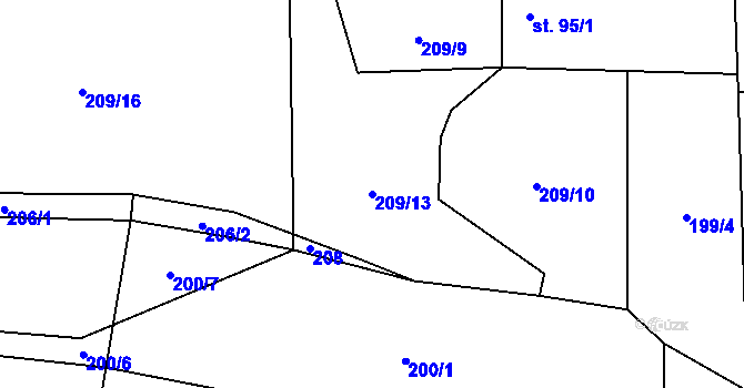 Parcela st. 209/13 v KÚ Kozmice u Benešova, Katastrální mapa