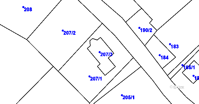 Parcela st. 207/3 v KÚ Kozmice, Katastrální mapa