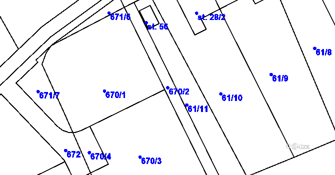 Parcela st. 670/2 v KÚ Rakolusky, Katastrální mapa