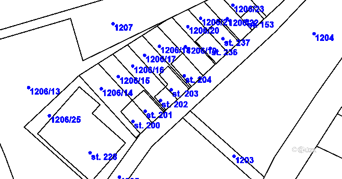Parcela st. 203 v KÚ Kozojídky, Katastrální mapa
