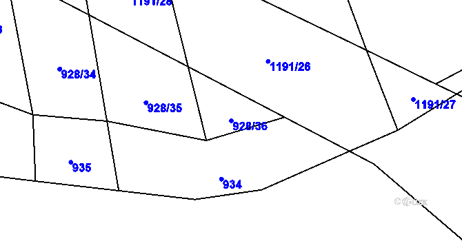 Parcela st. 928/36 v KÚ Kozolupy, Katastrální mapa