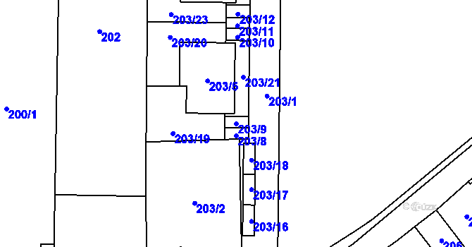Parcela st. 203/9 v KÚ Bdeněves, Katastrální mapa