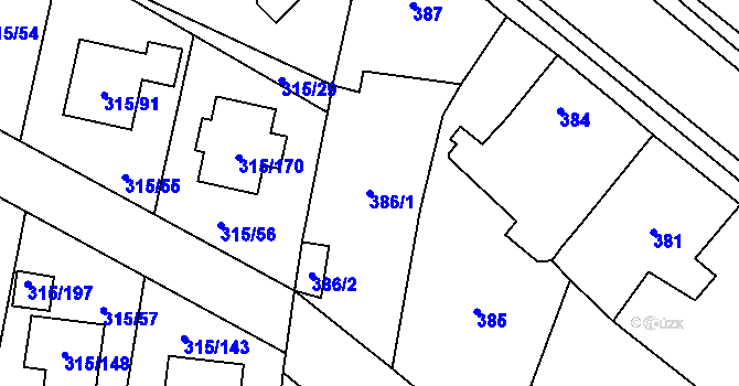 Parcela st. 386/1 v KÚ Kozolupy u Plzně, Katastrální mapa